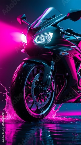 A powerful motorcycle in neon lighting, reflecting on a wet street at night. Modern sportbike design with glowing pink and blue lights for a futuristic and cyberpunk feel.
