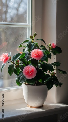 a potted camellia plant by the window in minimalist style of indoor plants
