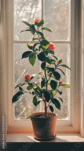 a potted camellia plant by the window in minimalist style of indoor plants
