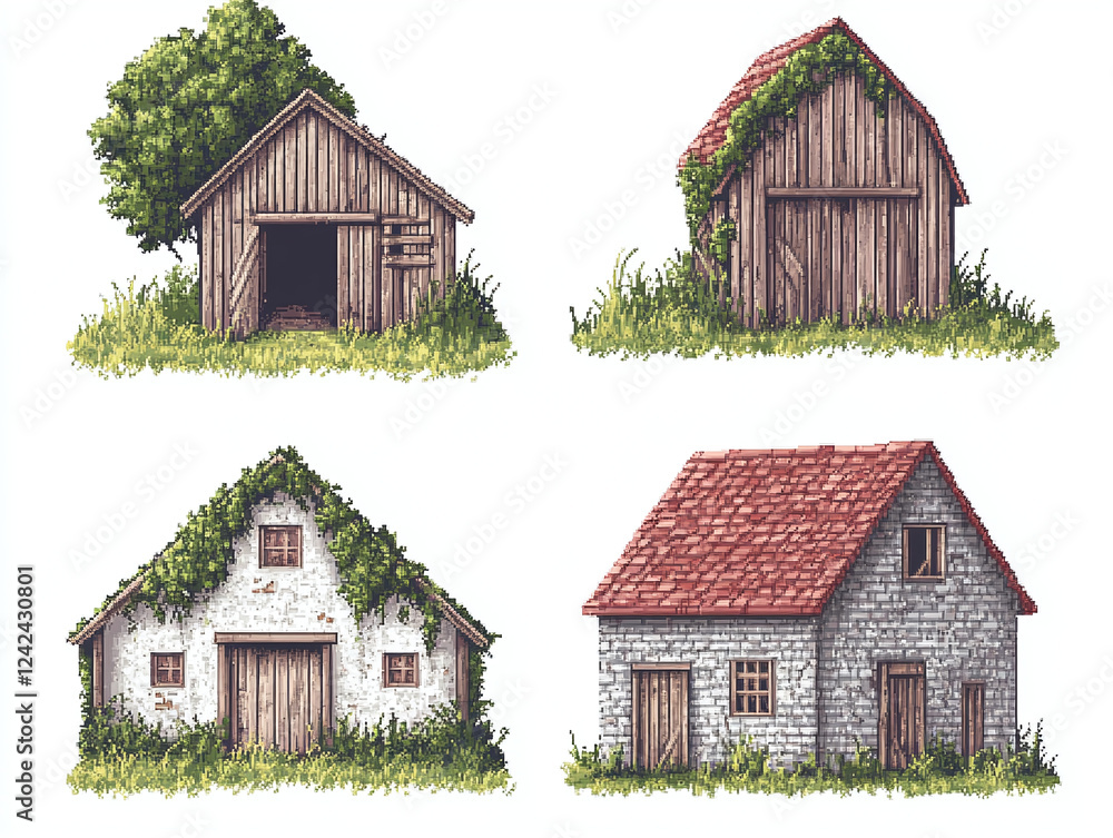 Obraz premium Pixel Art Farm Barns - Rustic Countryside Buildings