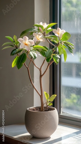 a potted plumeria plant by the window in minimalist style of indoor plants