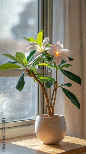 a potted plumeria plant by the window in minimalist style of indoor plants