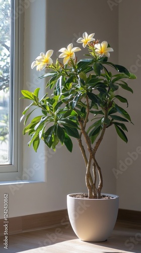 a potted plumeria plant by the window in minimalist style of indoor plants
