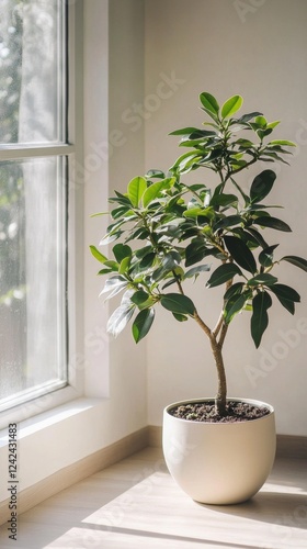 a potted ixora plant by the window in minimalist style of indoor plants