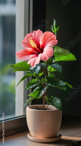 a potted hibiscus rosa-sinensis plant by the window in minimalist style of indoor plants