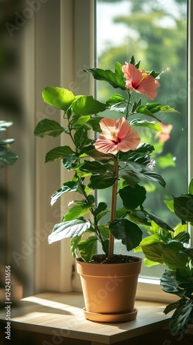 a potted hibiscus rosa-sinensis plant by the window in minimalist style of indoor plants