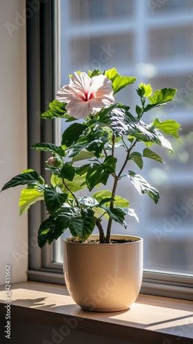a potted hibiscus rosa-sinensis plant by the window in minimalist style of indoor plants