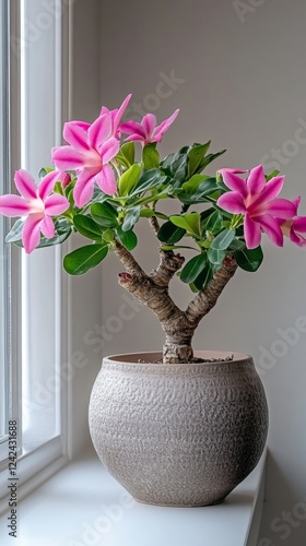 a potted desert rose (adenium) plant by the window in minimalist style of indoor plants