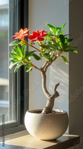 a potted desert rose (adenium) plant by the window in minimalist style of indoor plants