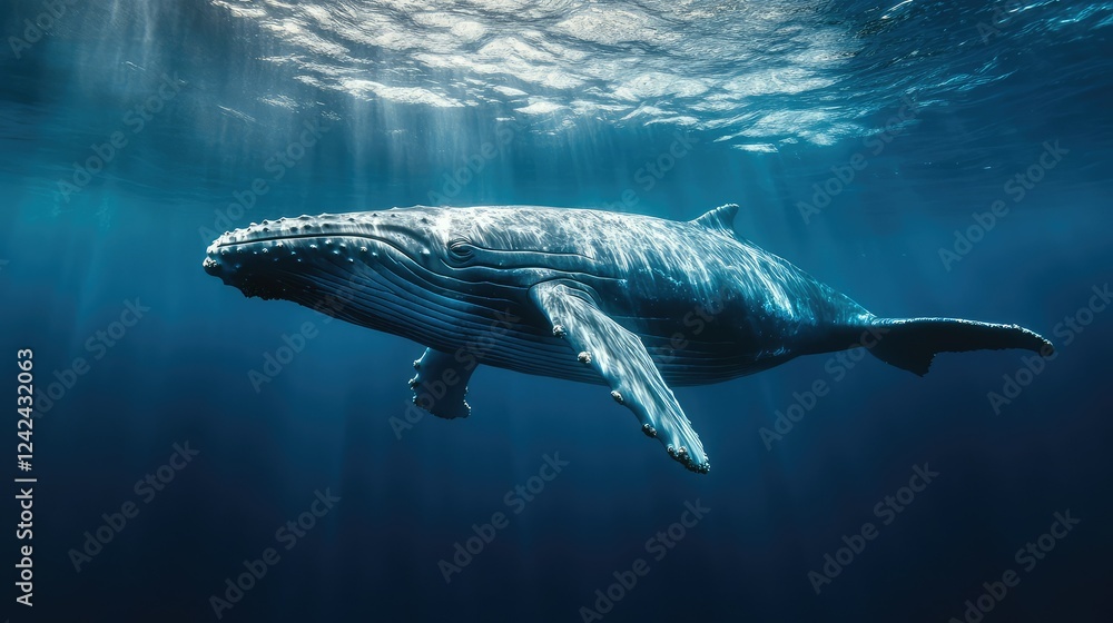 Fototapeta premium Whale swimming effortlessly through the water, captured in a deep ocean shot