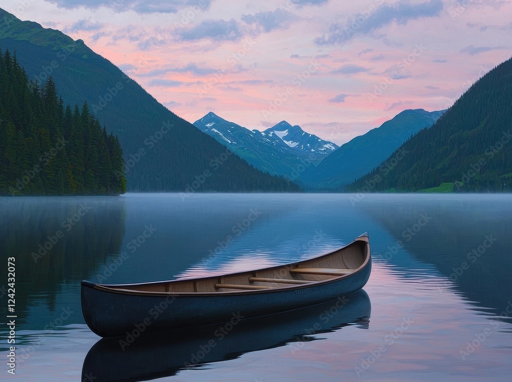 Serene Canoe on Calm Lake at Twilight Surrounded by Mountains Serene Canoe on Calm Lake at Twilight Surrounded by Mountains