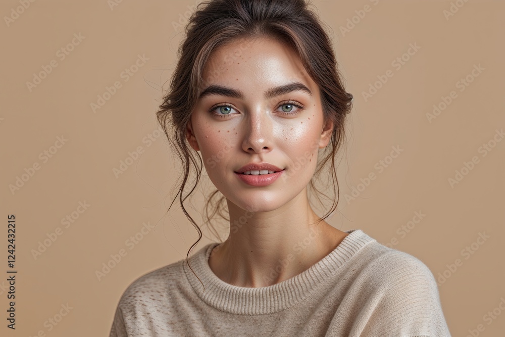 Radiant Young Woman with Glowing Skin and Energy on Neutral Beige Background Radiant Young Woman with Glowing Skin and Energy on Neutral Beige Background