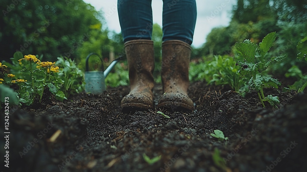 Person wearing muddy boots standing in a garden with blooming flowers and a watering can nearby Person wearing muddy boots standing in a garden with blooming flowers and a watering can nearby