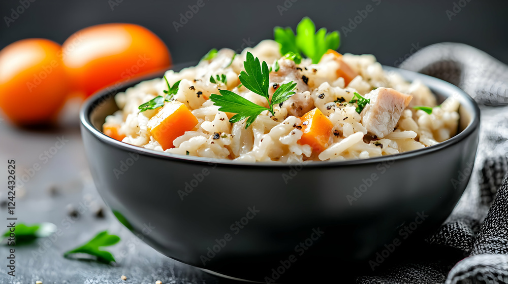Creamy chicken risotto in bowl, carrots, parsley garnish. Food blog, recipe Creamy chicken risotto in bowl, carrots, parsley garnish. Food blog, recipe