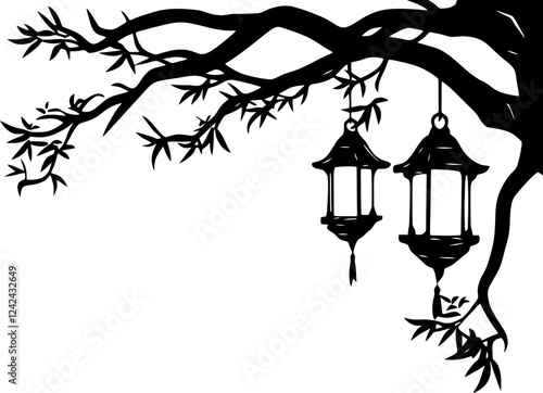 Hanging lantern corner border silhouette