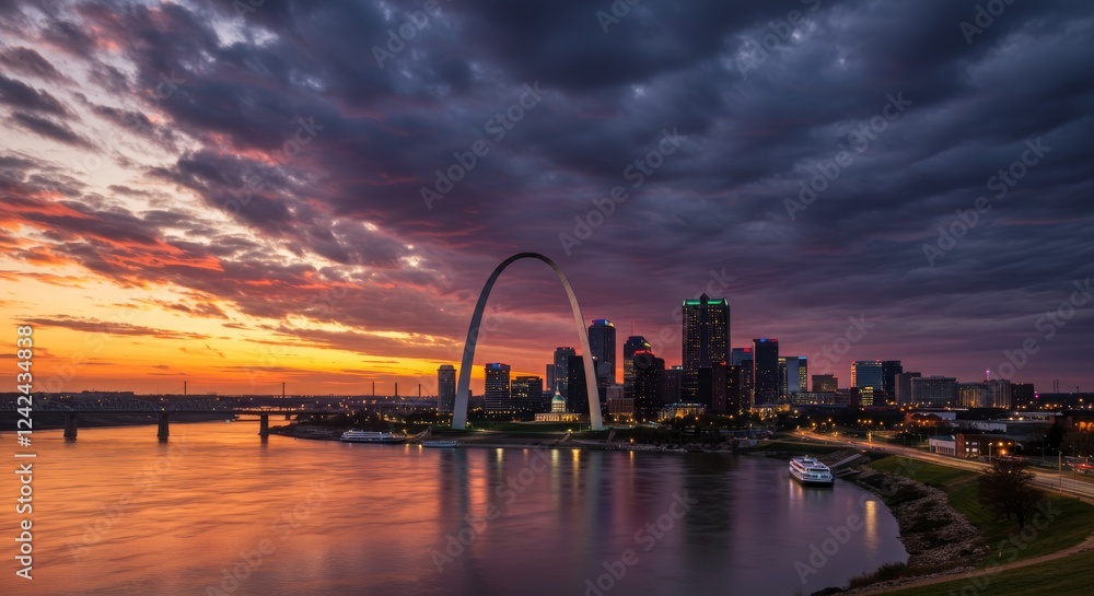 Majestic Sunset Over St. Louis Skyline with Iconic Gateway Arch Reflected in Tranquil River Waters and Dramatic Cloud Formation Majestic Sunset Over St. Louis Skyline with Iconic Gateway Arch Reflected in Tranquil River Waters and Dramatic Cloud Formation