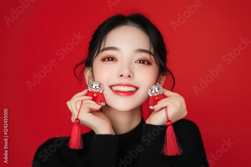 A Chinese woman wearing black long sleeves and earrings is holding two cute cartoon style chubby lion silver necklaces with red tassels on her hands, 