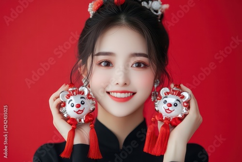 A Chinese woman wearing black long sleeves and earrings is holding two cute cartoon style chubby lion silver necklaces with red tassels on her hands,
