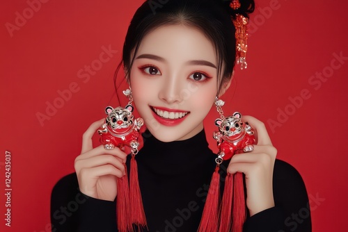 A Chinese woman wearing black long sleeves and earrings is holding two cute cartoon style chubby lion silver necklaces with red tassels on her hands, 