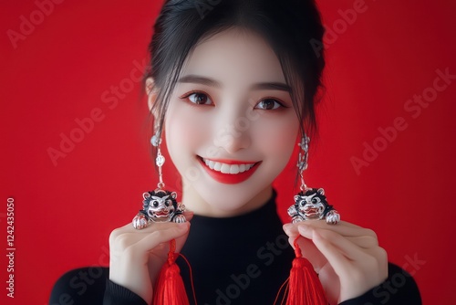 A Chinese woman wearing black long sleeves and earrings is holding two cute cartoon style chubby lion silver necklaces with red tassels on her hands, 