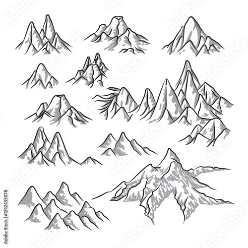 Mountain silhouette set. Rocky mountains icon or logo collection. Vector illustration.