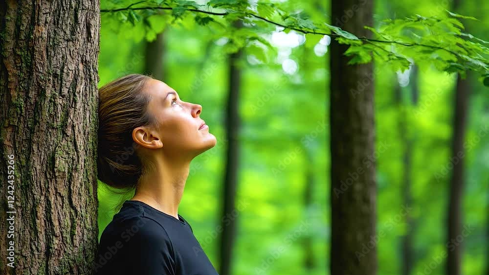 Tranquil woman looking up at majestic tree in peaceful green forest, embracing serenity and beauty of natures tranquility. Tranquil woman looking up at majestic tree in peaceful green forest, embracing serenity and beauty of natures tranquility.