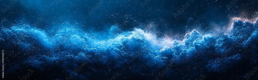 Naklejka premium Dive into the minimalist design of a blue and black grainy poster background. The abstract noisy color shapes and dark texture create a striking banner, header, 