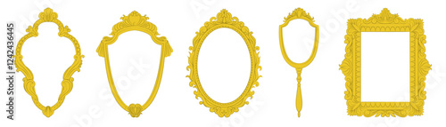 Set of vintage frames for mirrors and paintings. Baroque ornamented frames for royal interior. Vector illustration isolated on transparent background.