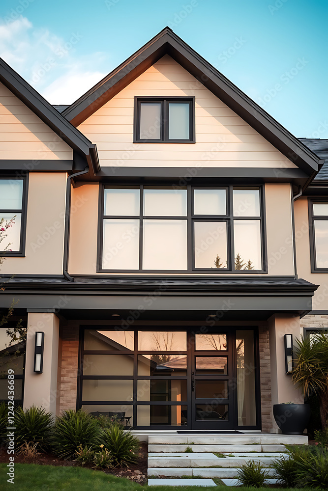 Modern House Exterior: Contemporary Home Design and Architecture. Luxury Real Estate Property with Stunning Facade, Large Windows, and Brick Entrance. 