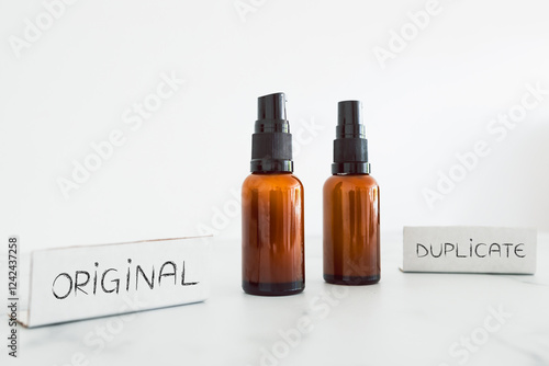 apothecary style moisturizer bottles next to Original vs Duplicate labels on minimalistic white marble photo