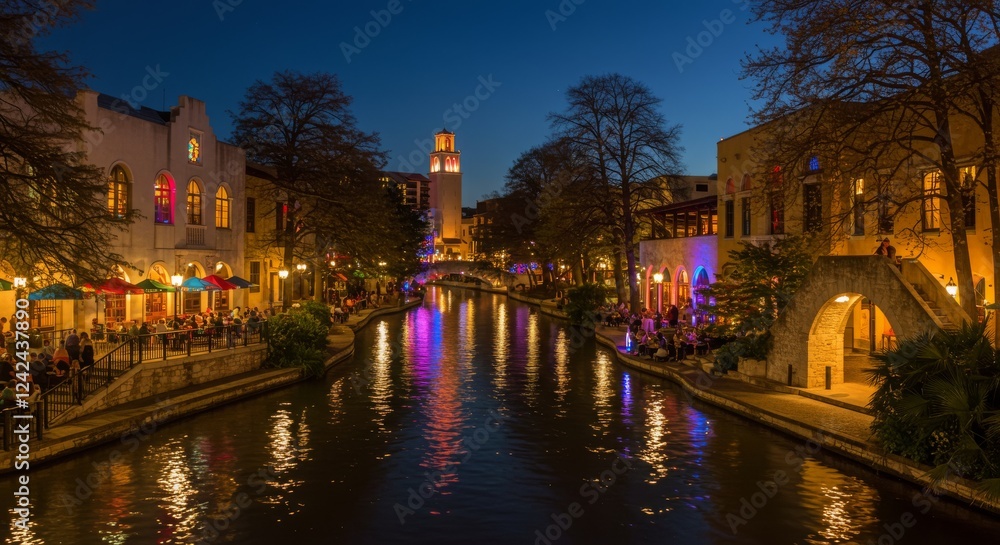 Fototapeta premium Scenic Evening View of a Tranquil River Walk with Colorful Lights, Charming Buildings, and Vibrant Cafe Atmosphere in San Antonio, Texas at Dusk