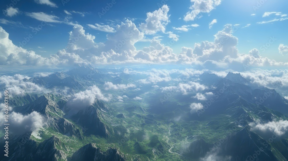 A Majestic View of Earth with Lush Mountains and Expansive Sky Filled with Soft, Fluffy Clouds Underneath Bright Sunlight in a Serene Landscape A Majestic View of Earth with Lush Mountains and Expansive Sky Filled with Soft, Fluffy Clouds Underneath Bright Sunlight in a Serene Landscape