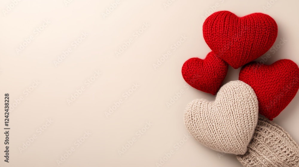 Fototapeta premium Cozy Knitted Hearts in Warm Colors on Light Background