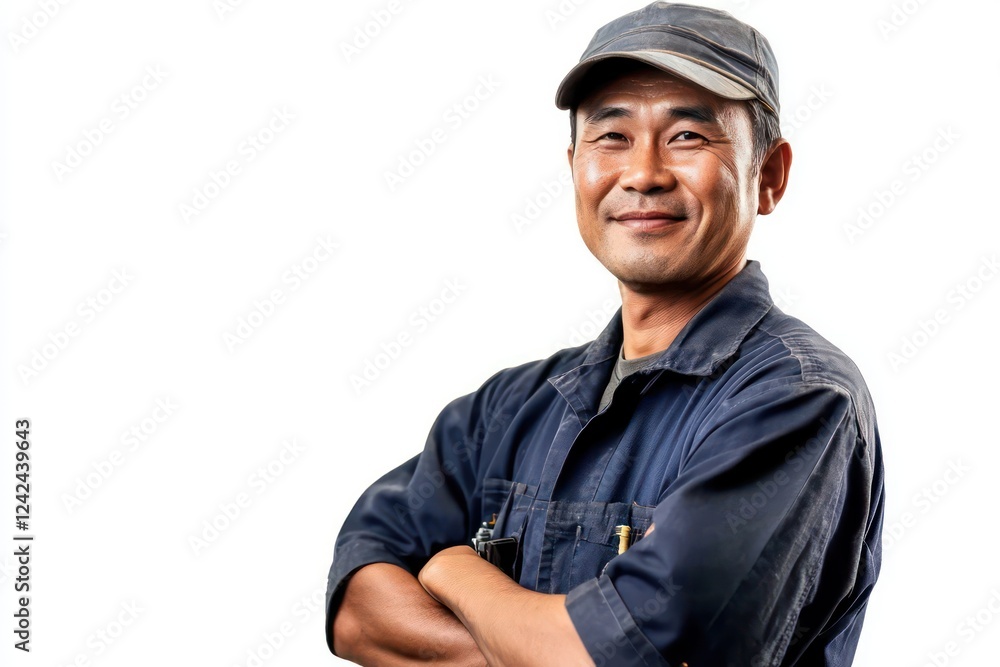 A Taiwanese factory employee in his thirties, wearing dark blue work clothes, looked sideways to the left with a smile, his movements were confident and relaxed, A Taiwanese factory employee in his thirties, wearing dark blue work clothes, looked sideways to the left with a smile, his movements were confident and relaxed,