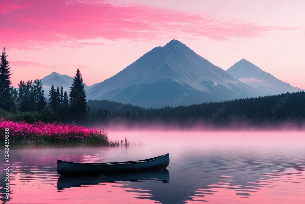Tranquil Sunset Over Lake with Canoe and Purple Mountain Background Tranquil Sunset Over Lake with Canoe and Purple Mountain Background