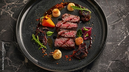 Fine dining dish featuring grilled beef and charred vegetables photo