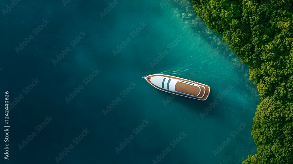 Aerial View of Sailboat in Teal Ocean near Lush Green Coastline Aerial View of Sailboat in Teal Ocean near Lush Green Coastline