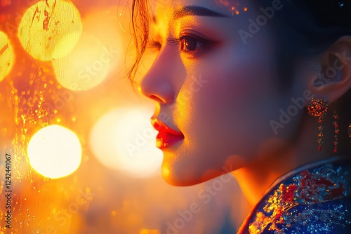 Cinematic portrait of an elegant Chinese woman, dramatic lighting, soft bokeh background, ultra-wide angle capturing graceful poses, vibrant colors, 
