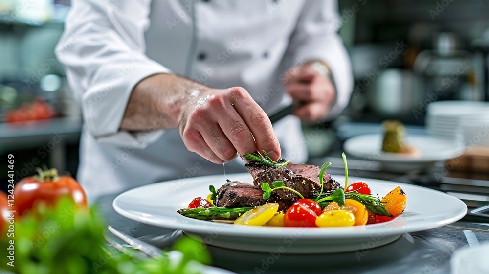 High-end plating of grilled beef with vegetables in a Michelin kitchen High-end plating of grilled beef with vegetables in a Michelin kitchen