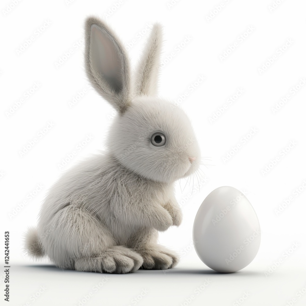Obraz premium Cute fluffy rabbit with an unbroken white egg on a soft surface