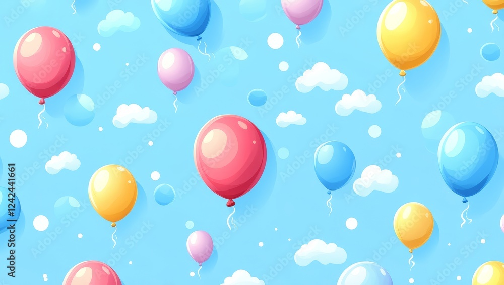 Colorful balloons float on a blue sky with clouds; party background Colorful balloons float on a blue sky with clouds; party background