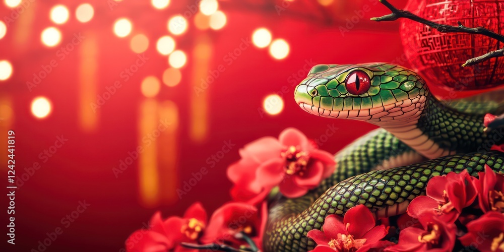 Fototapeta premium Cute green snake, Chinese new year celebration, orchid flower, red china lantern, red background. High quality, high detailed.
