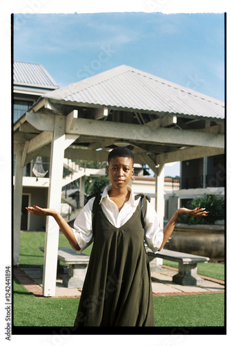 Portrait of young woman in green jumpsuit and oversized shirt photo