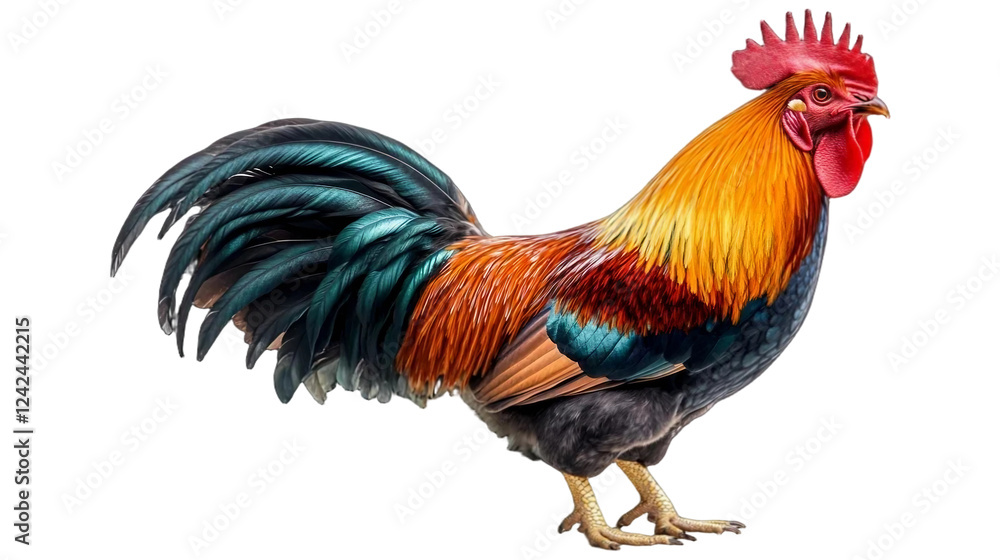 A single, vibrant, and colorful male rooster captured mid-crow isolated on white background. Suitable for marketing or business purposes. PNG file A single, vibrant, and colorful male rooster captured mid-crow isolated on white background. Suitable for marketing or business purposes. PNG file