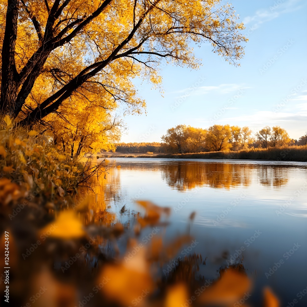 Obraz premium Autumn River Landscape with Golden Trees