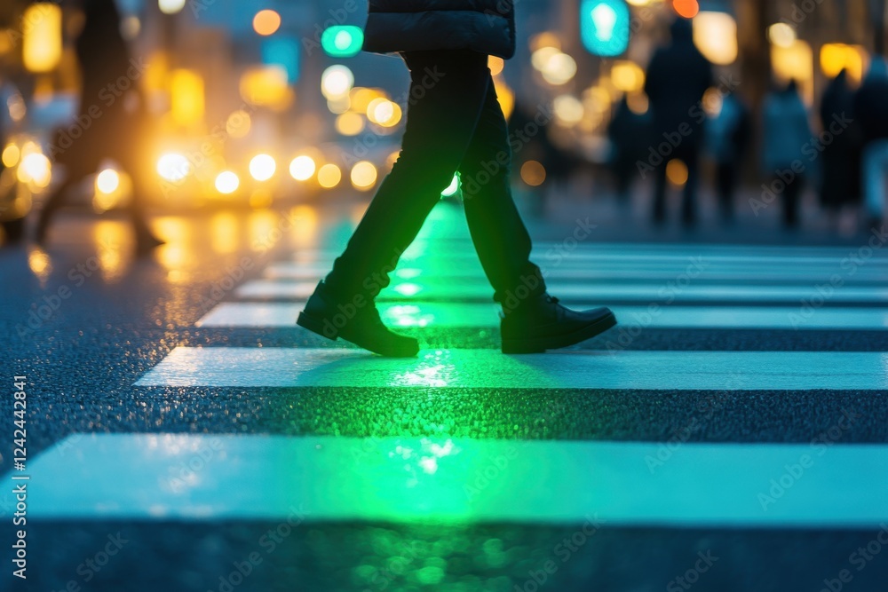 Fototapeta premium Person walking on a pedestrian crossing at night, illuminated by green traffic light. Illustrates safe urban pedestrian travel and city night life.