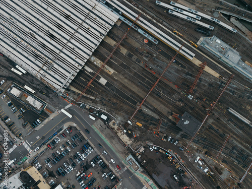 Aerial View of Urban Train Yard and Parking Lot photo