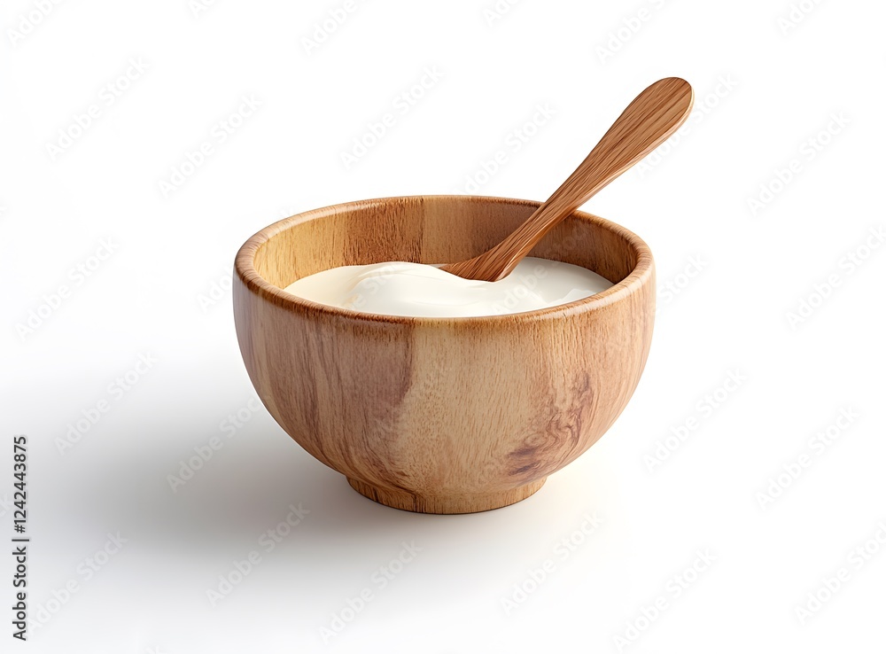 Creamy yogurt in a wooden bowl with a spoon Creamy yogurt in a wooden bowl with a spoon