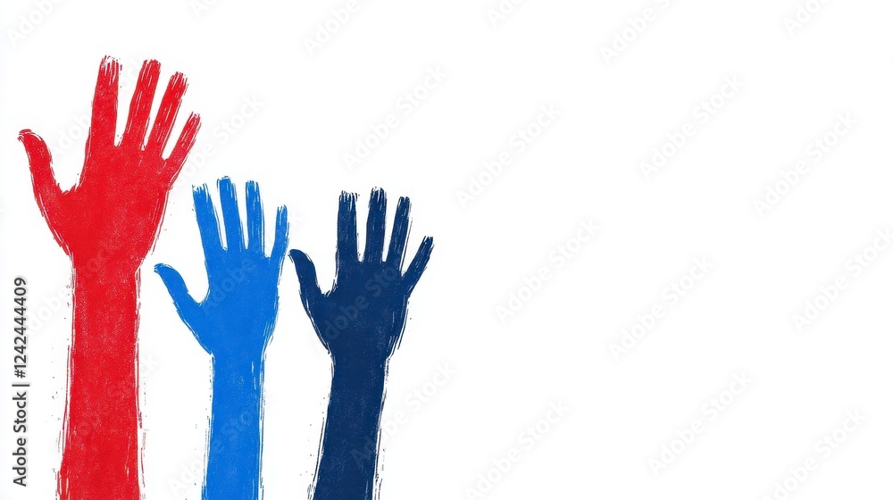 Red and Blue Hands Raised in Unity Against a White Background Red and Blue Hands Raised in Unity Against a White Background