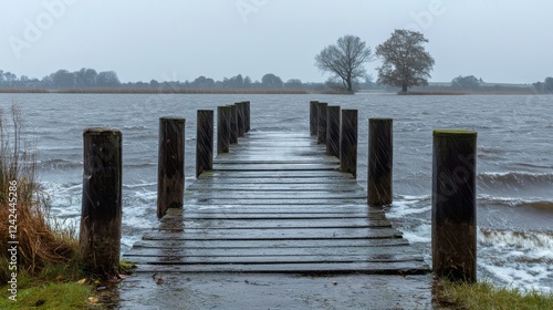 5.A lonely pier stretching into a Frisian lake, drenched in heavy rain, with water cascading off wooden planks, moody skies blending with rain-blurred horizons. photo